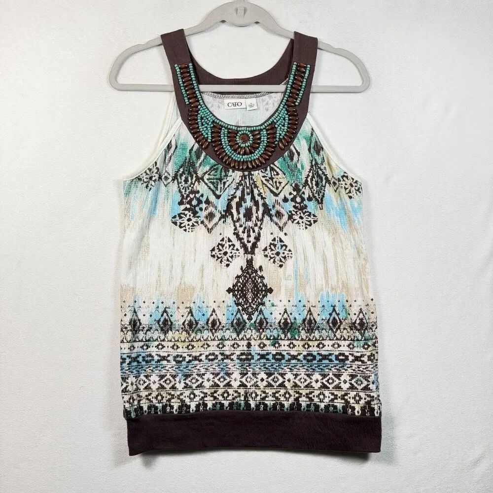 Cato Southwestern Beaded Tank Top Small Boho Aztec Tribal Turquoise Brown